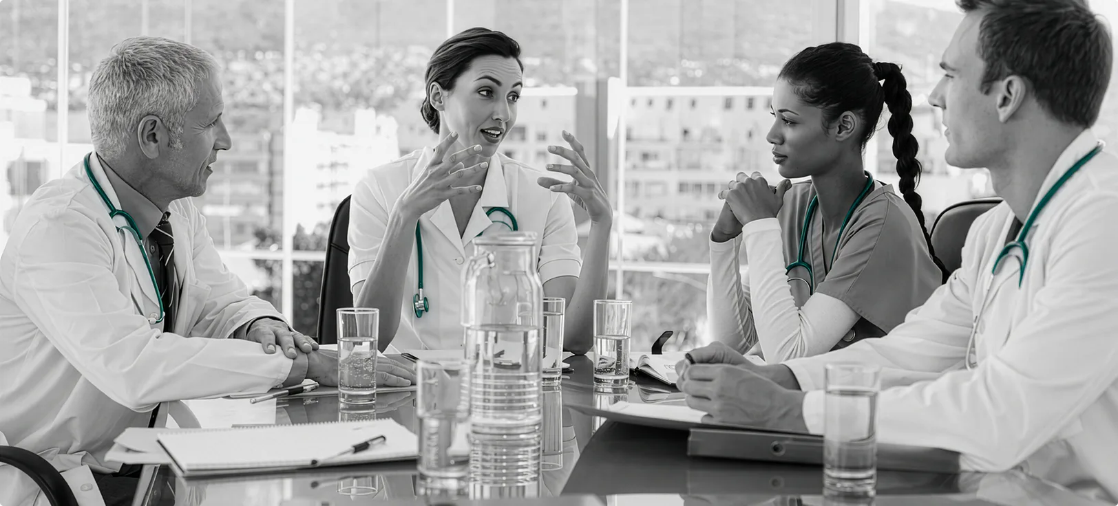 A practice manager meeting with two physicians in a private office